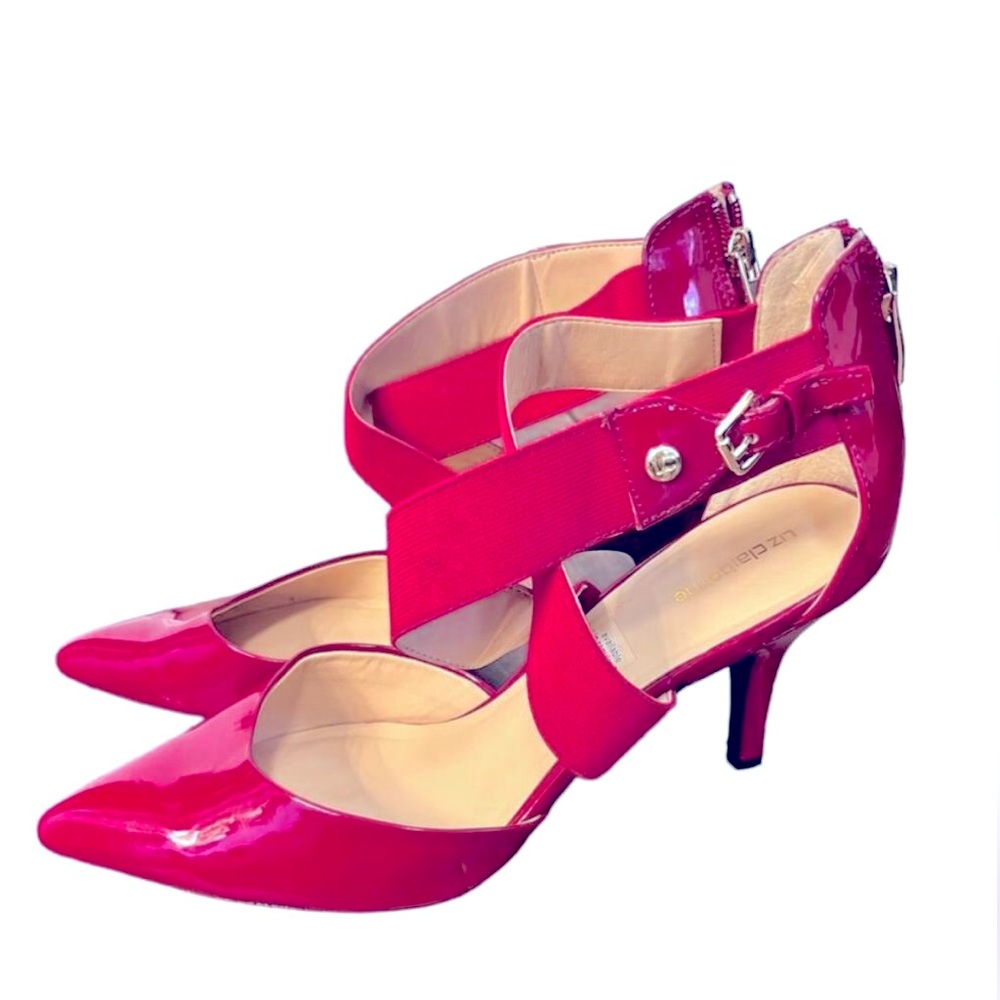 LIZ CLAIBORNE RED PATENT LEATHER HEELS POINTY TOE BACK ZIPPER HEELS SIZE 9M